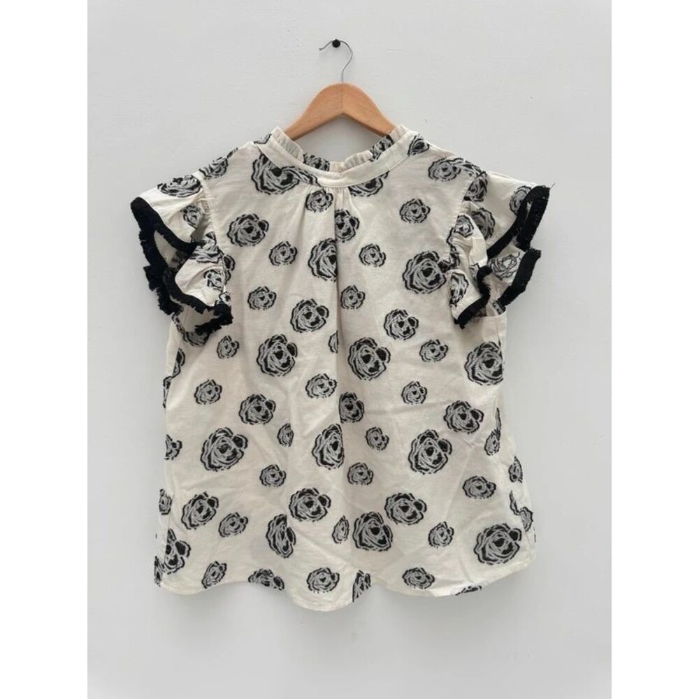 Voy Ivory & Black Rose Print Top - Ruffled Fringe Cap Sleeve - Boxy Fit - Size L